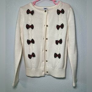 Janie and jack girls ivory Tartan Bow Cardigan sweater sz 6T